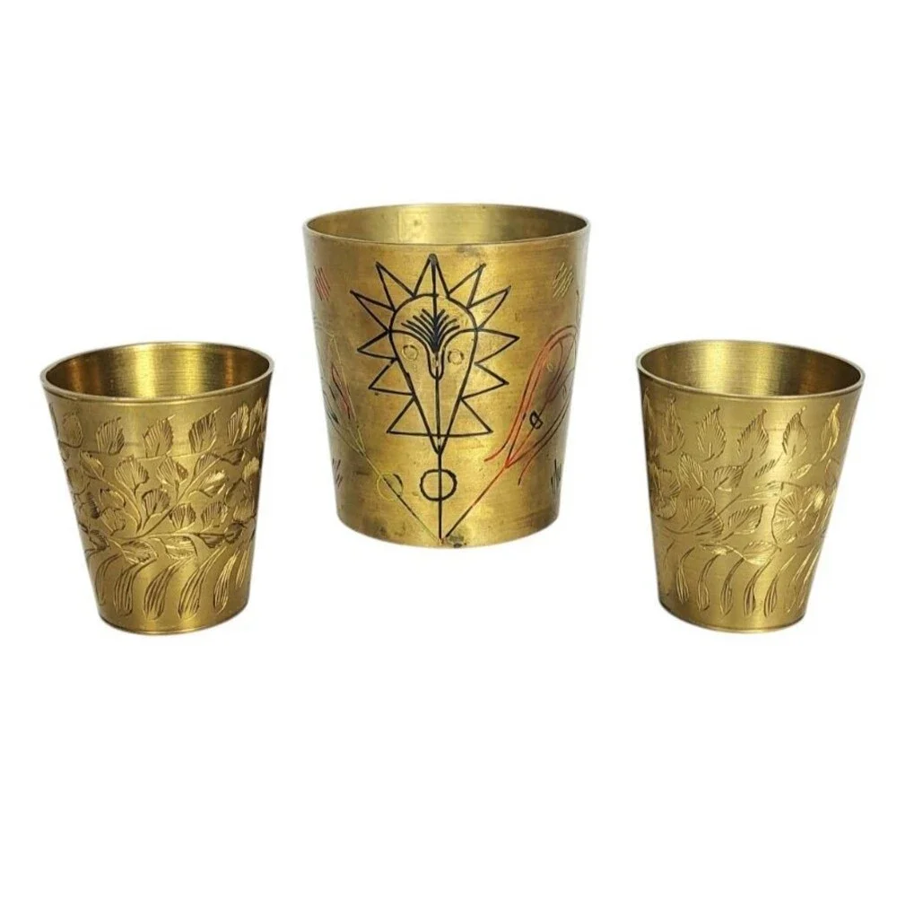 VTG MCM Gold Brass Barware Engraved Juice Water Cup & Etched Shot Glasses Set